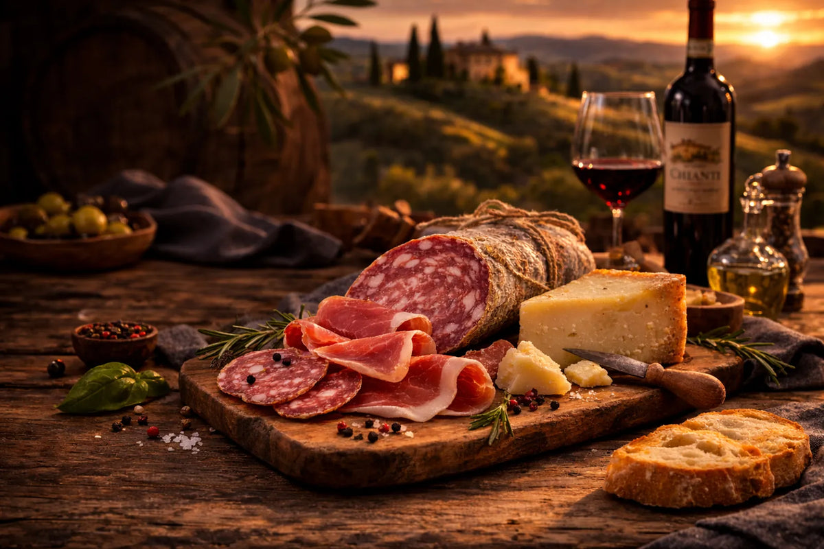Salumi toscani artigianali con finocchiona, prosciutto e pecorino su tagliere rustico