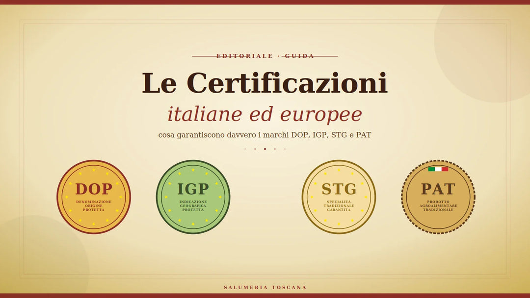 I quattro bollini delle certificazioni italiane ed europee: DOP, IGP, STG e PAT — guida al riconoscimento dei prodotti certificati