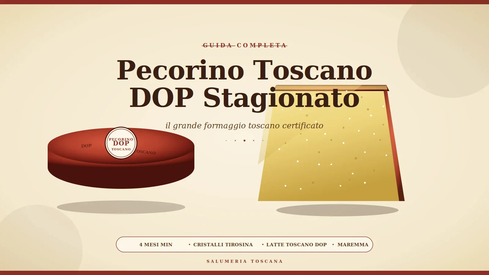 Pecorino Toscano DOP Stagionato — forma intera con crosta rossa e spicchio tagliato con cristalli di tirosina, Caseificio Follonica Maremma