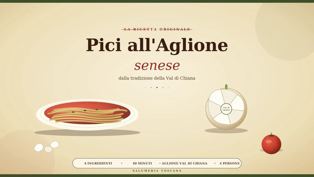 Pici all'aglione senese nel piatto con sugo di pomodoro, aglione della Val di Chiana e pomodoro fresco — ricetta tradizionale toscana