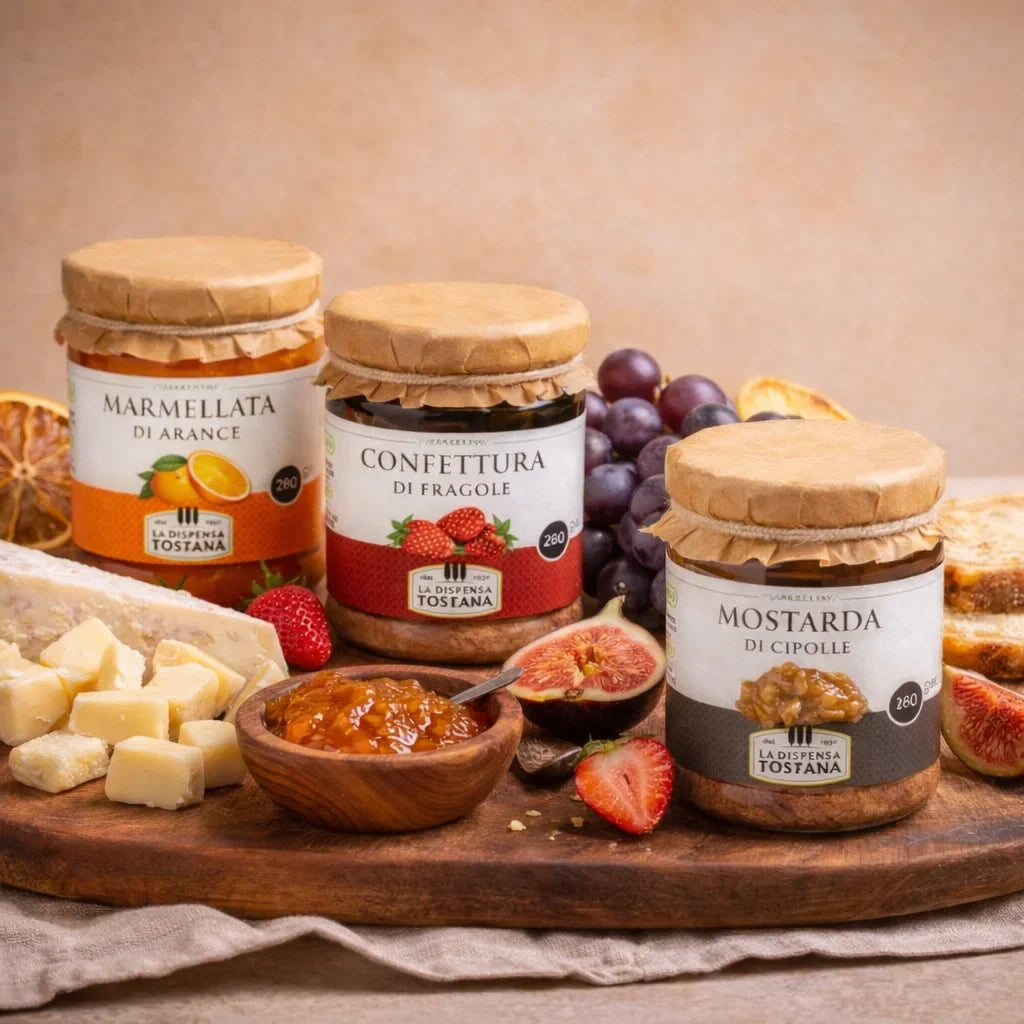Marmellate e mostarde artigianali con formaggi e frutta su tagliere colazione e abbinamenti gourmet toscani