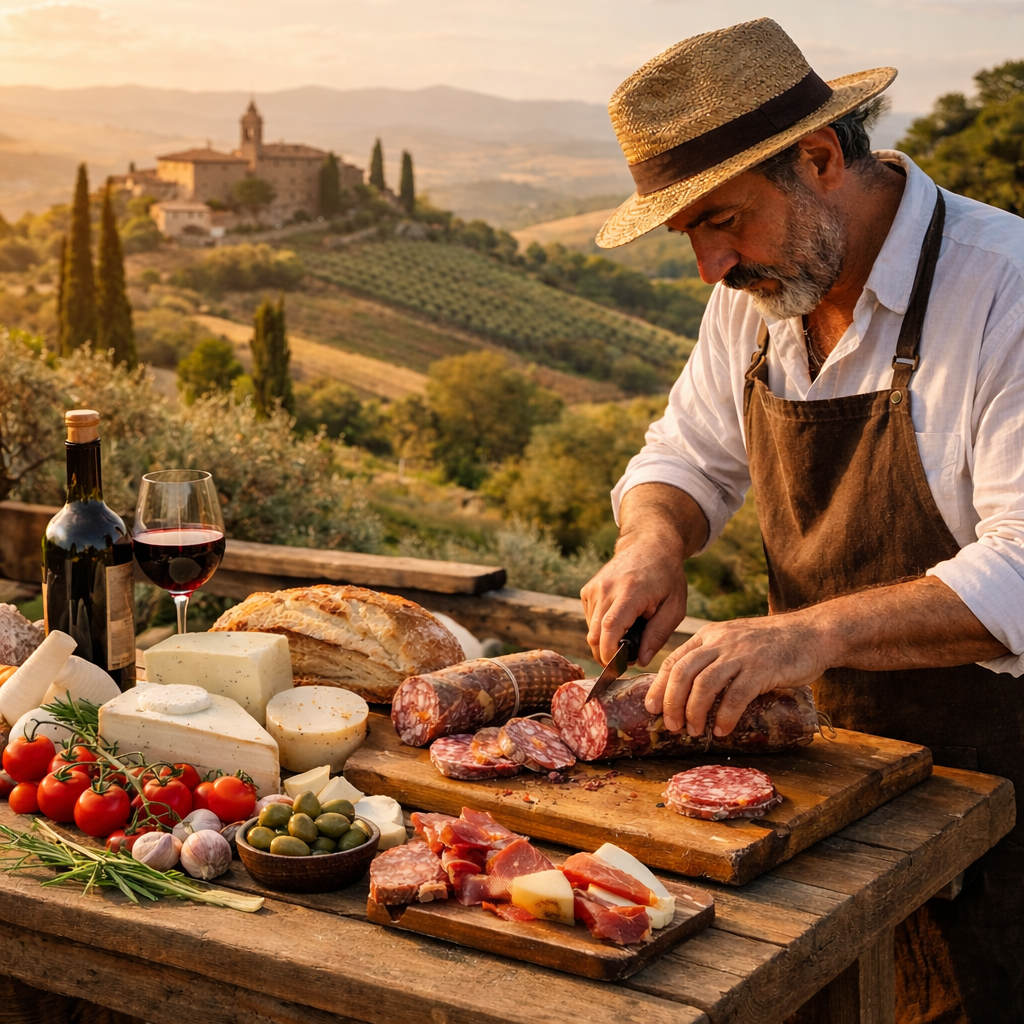 artigiano toscano prepara salumi su tavolo con prodotti tipici e panorama della campagna toscana in italia