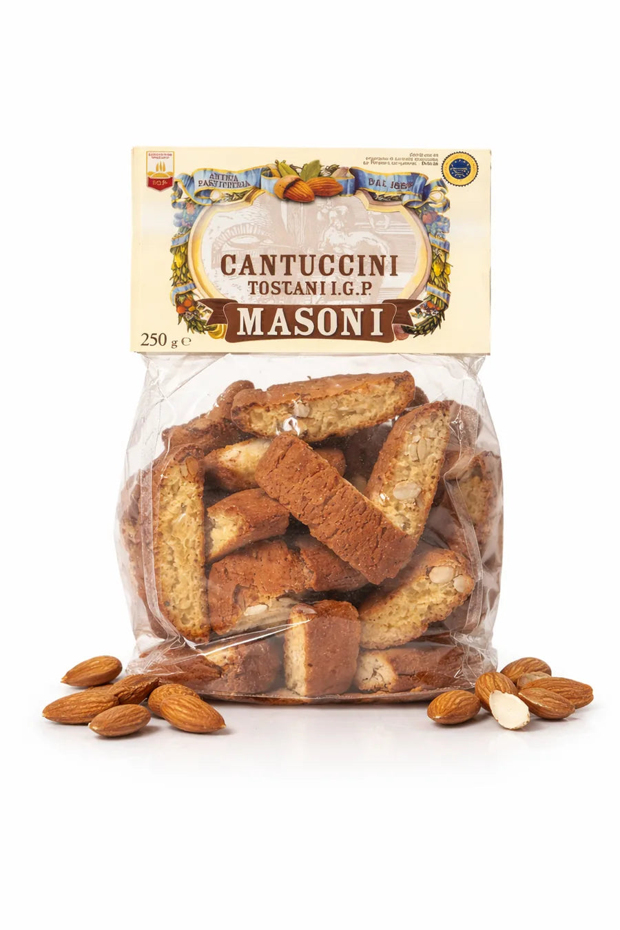 Confezione di Cantuccini Toscani IGP Masoni da 250 g su sfondo bianco con mandorle intere come contorno