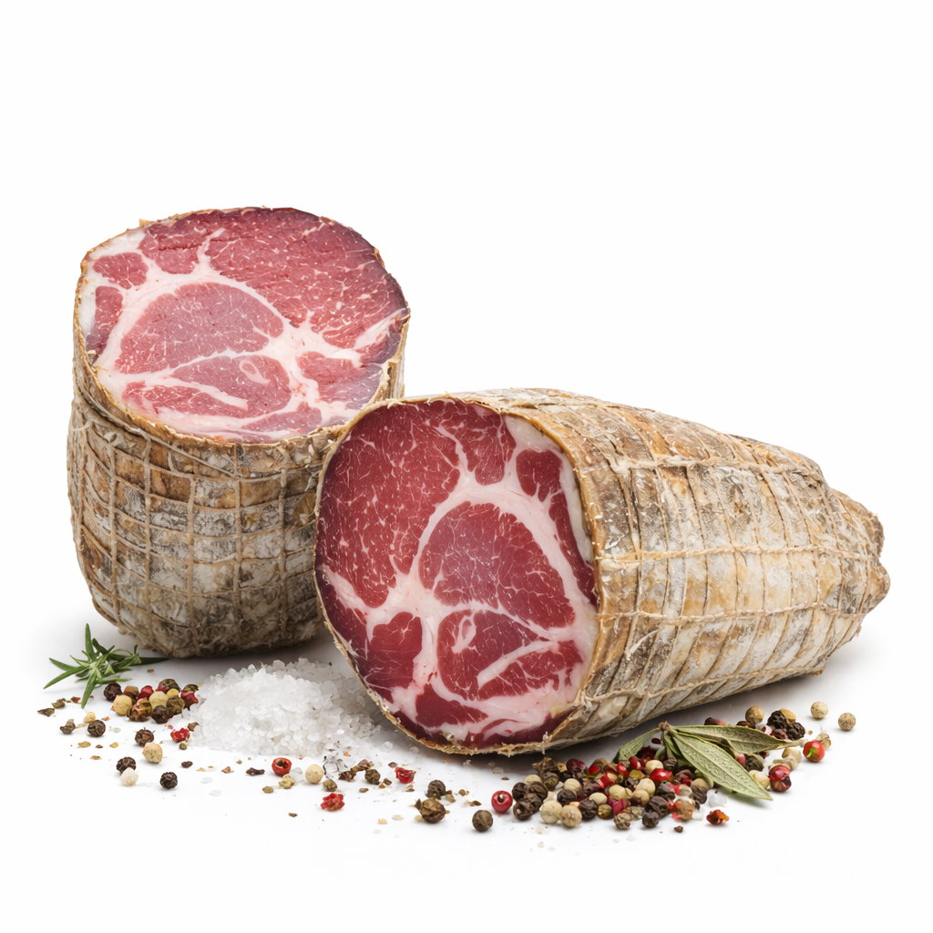 Capocollo Toscano artigianale stagionato intero e tagliato salume tipico toscano