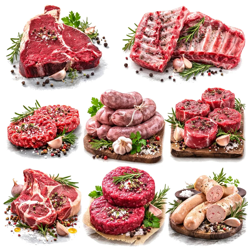 Selezione di carne per grigliata mista con bistecca, costine, salsicce, hamburger e aromi su sfondo bianco