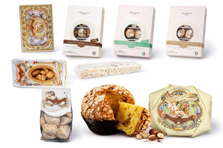 Cesto natalizio gourmet toscano con dolci artigianali di Siena — Panforte, Ricciarelli, Cantuccini IGP, Cavallucci, Panettone e Amaretti — Salumeria Toscana