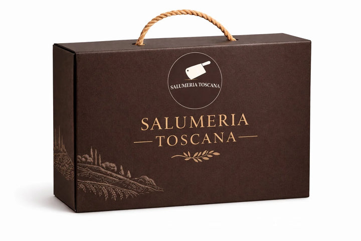 Confezione regalo esclusiva Salumeria Toscana — scatola premium con manico in corda per cesti di salumi toscani artigianali