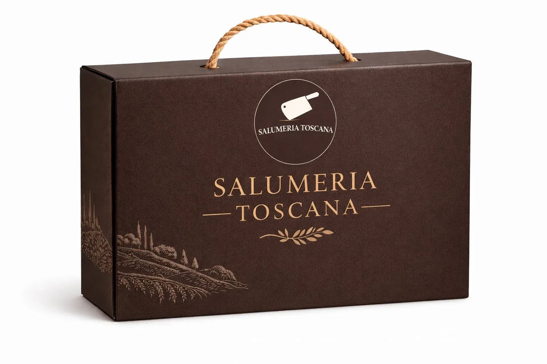 Confezione regalo esclusiva Salumeria Toscana — scatola premium con manico in corda per salumi toscani artigianali
