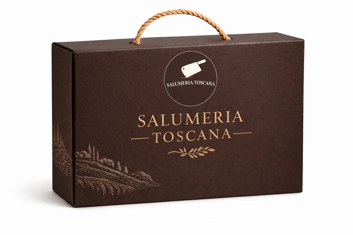 Confezione regalo esclusiva Salumeria Toscana — scatola premium con manico in corda per salumi toscani artigianali