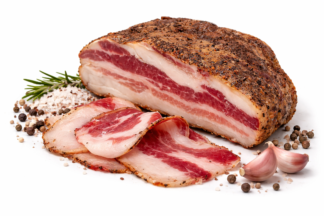 Guanciale di maiale stagionato artigianale con pepe, sale grosso e spicchi di aglio