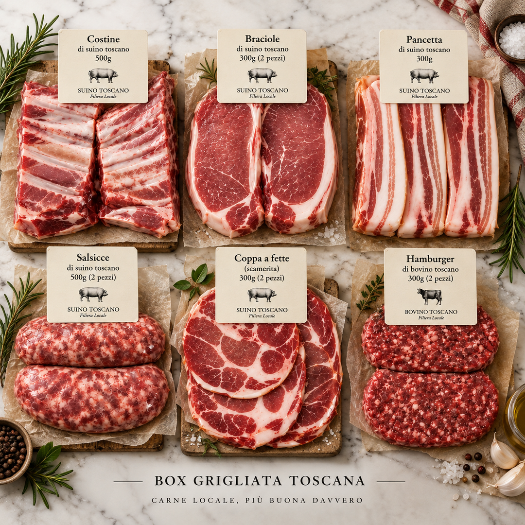 Kit Grigliata Toscana: costine, braciole, pancetta, salsicce, coppa e hamburger di suino e bovino toscano sottovuoto