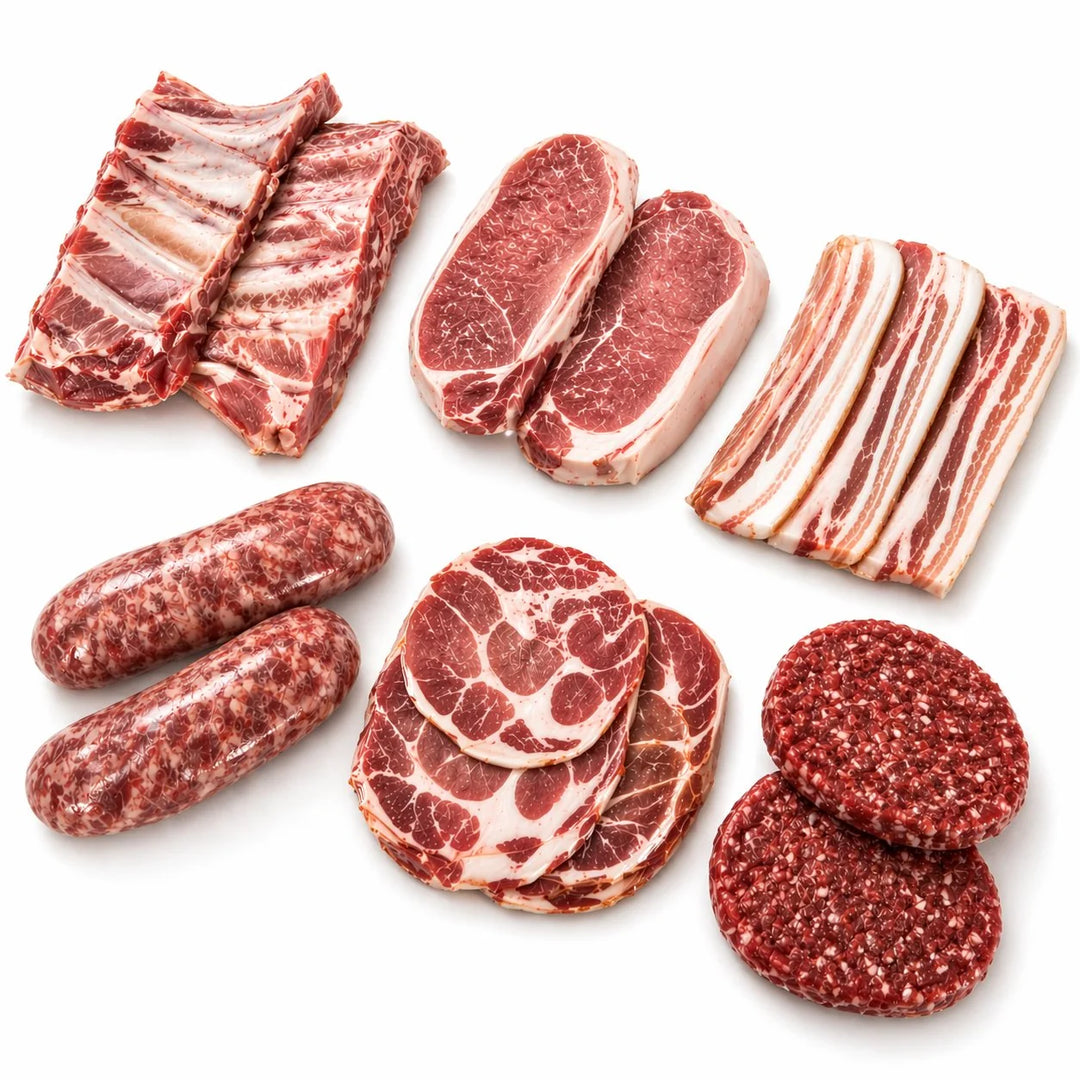 Tagli freschi del Kit Grigliata Toscana: costine, braciole, pancetta, salsicce, coppa e hamburger di suino e bovino toscano