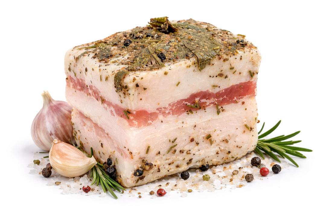Lardo di Cinta Senese DOP con sale, pepe, aglio e rosmarino