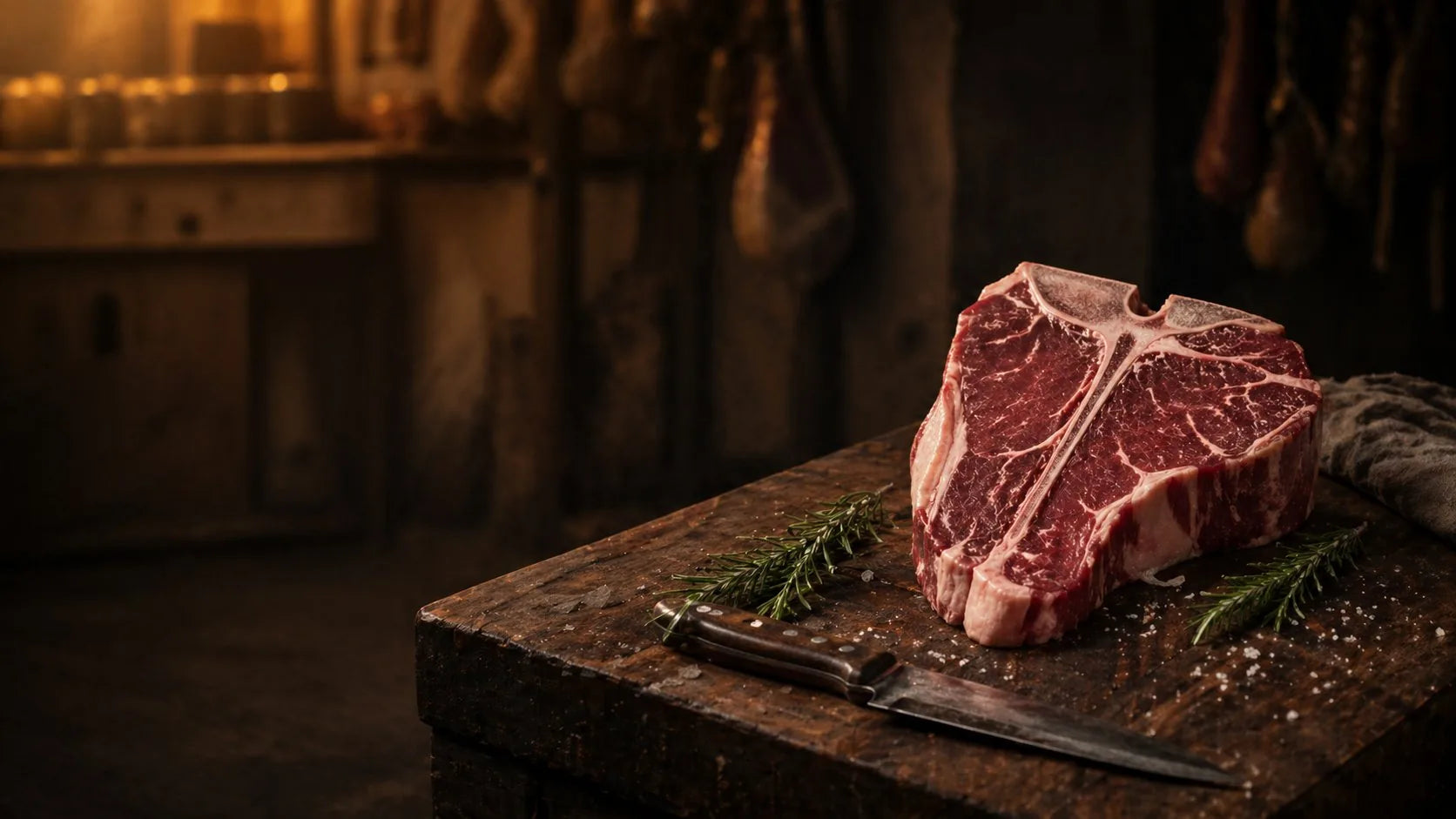 Bistecca alla fiorentina di Chianina IGP su tagliere con rosmarino nella macelleria toscana