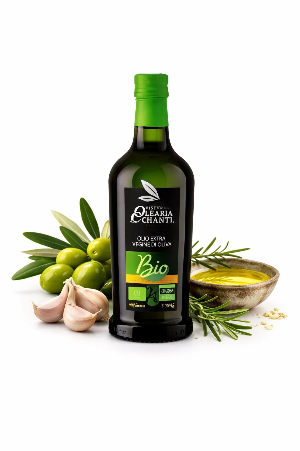 Bottiglia Olio Extravergine Biologico Italiano Olearia del Chianti con olive verdi, rosmarino e aglio – 500ml
