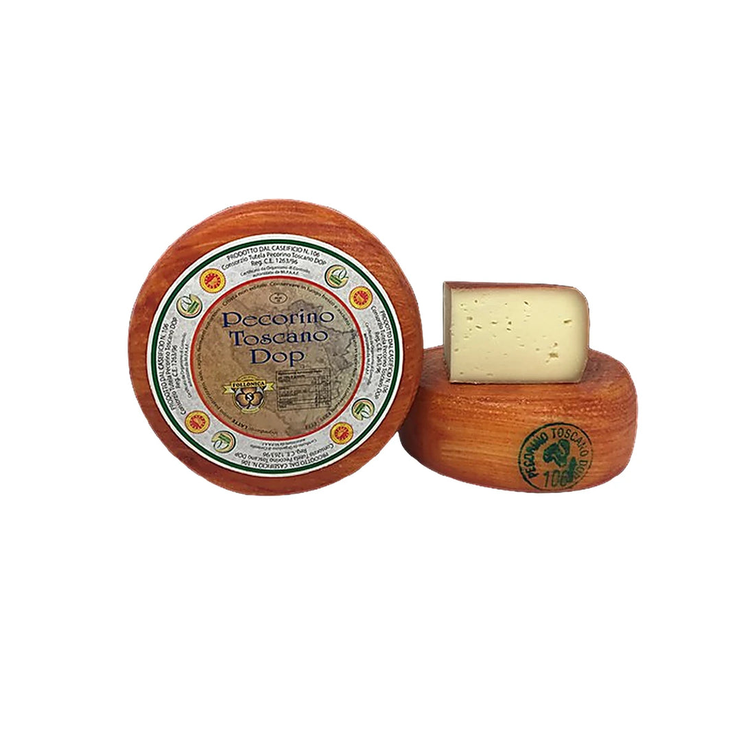 Pecorino Toscano DOP semistagionato con crosta rossa forma intera e fetta formaggio toscano artigianale