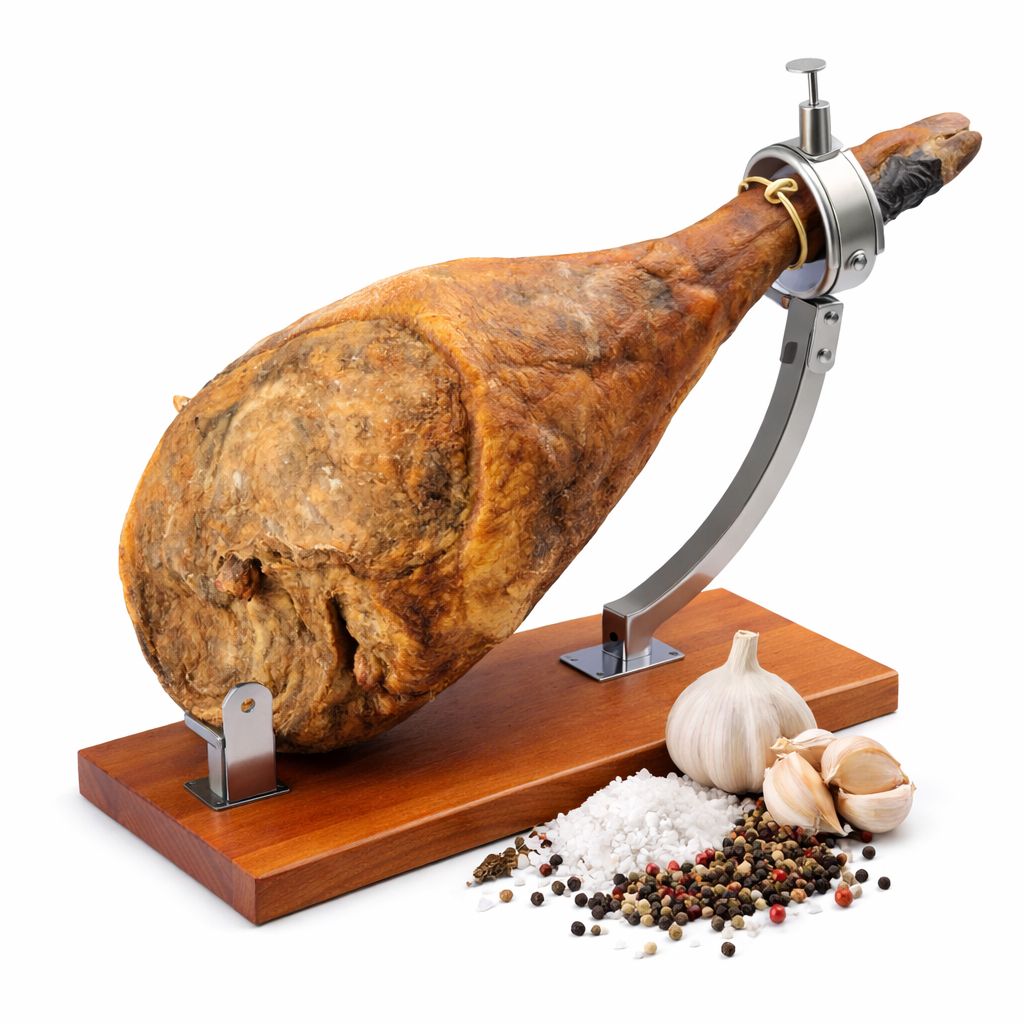 Prosciutto di Cinta Senese intero su morsa da prosciutto con aglio pepe e sale su sfondo bianco