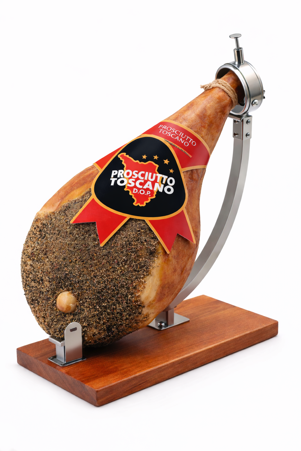 Prosciutto Toscano DOP intero su morsa da prosciutto con pepe nella parte inferiore su sfondo bianco