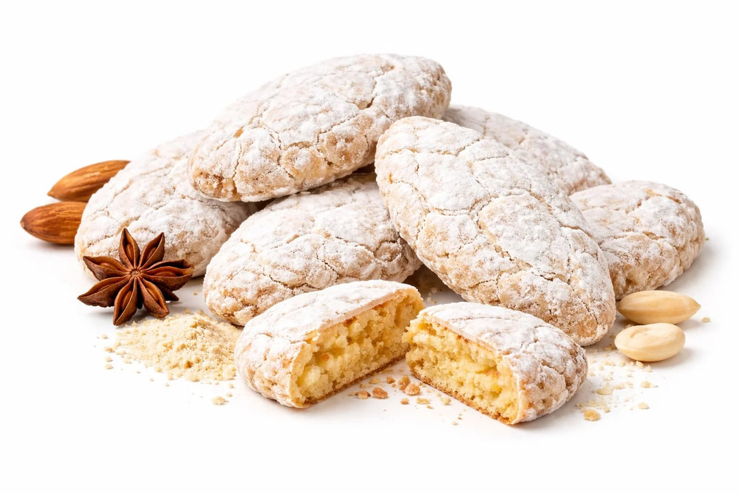 Ricciarelli di Siena IGP artigianali con mandorle e anice stellato — zucchero a velo, cuore morbido — Masoni