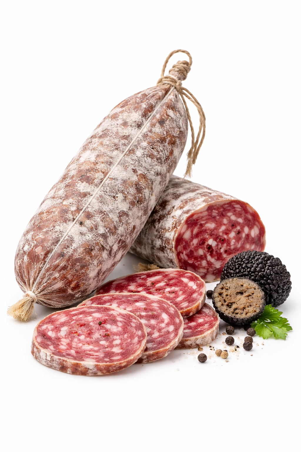 Salamino al tartufo nero da 500 grammi con fette tagliate su sfondo bianco