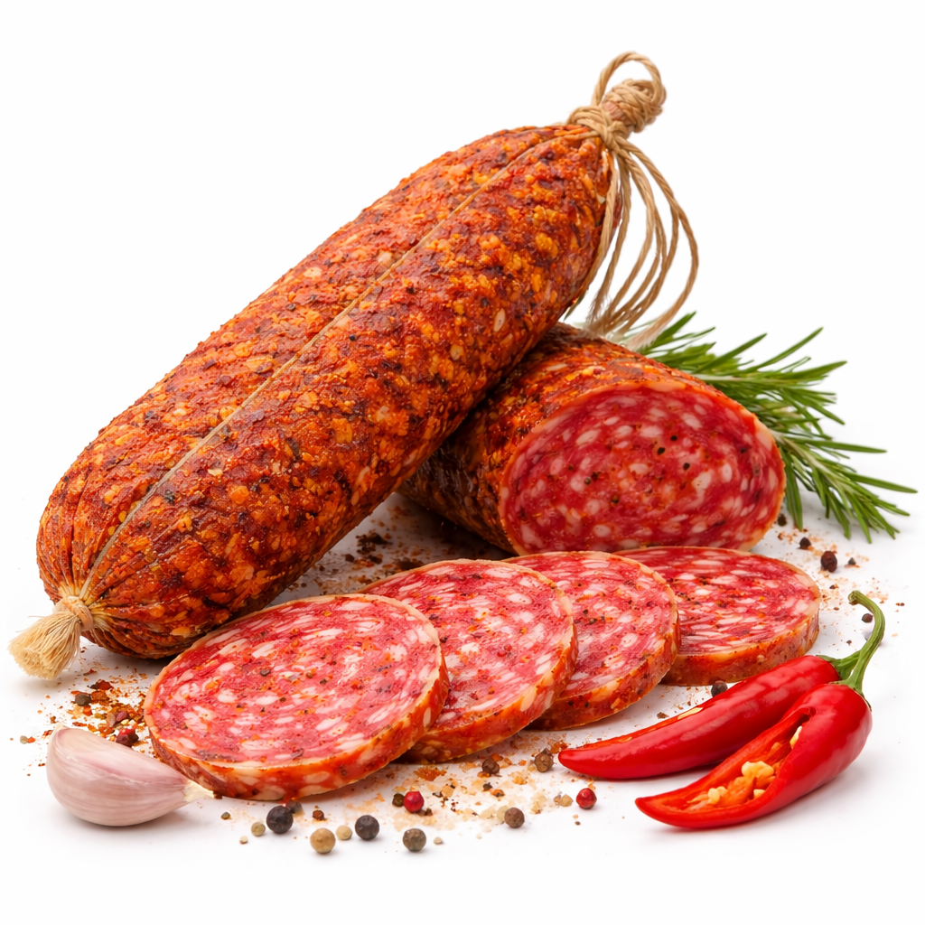 Salamino piccante artigianale con fette tagliate e peperoncino su sfondo bianco