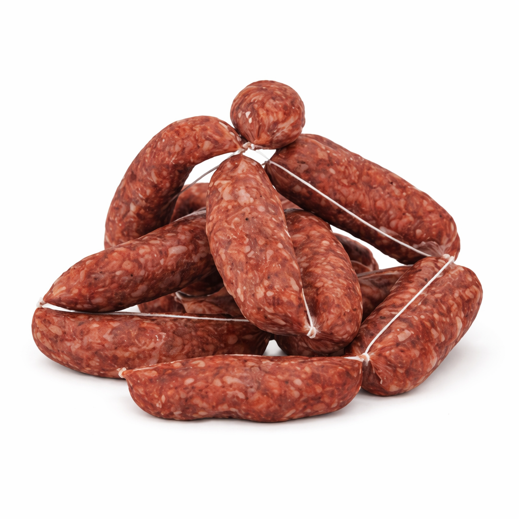 Salsiccia di cinghiale stagionata artigianale in filza su sfondo bianco