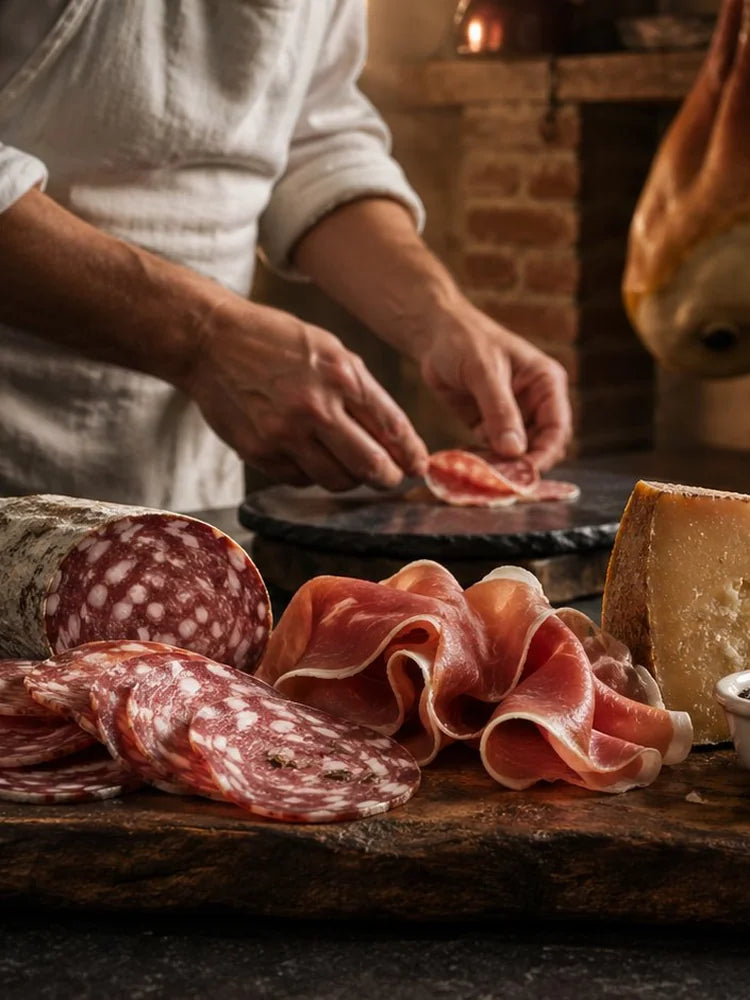 Tagliere di salumi e formaggi toscani nella bottega Salumeria Toscana
