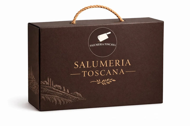 Confezione regalo esclusiva Salumeria Toscana — scatola premium con manico in corda per salumi e formaggi toscani artigianali