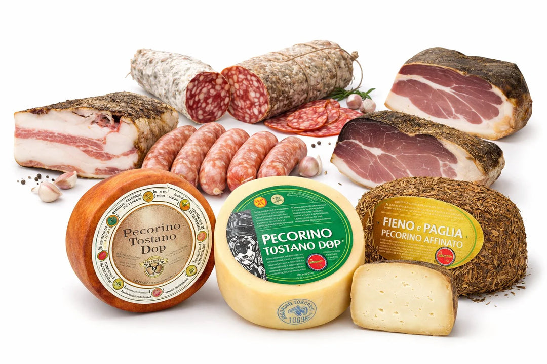 Confezione regalo salumi e formaggi toscani — Salame, Guanciale, Salsiccia, Pecorino Toscano DOP e Pecorino Paglia e Fieno — Salumeria Toscana