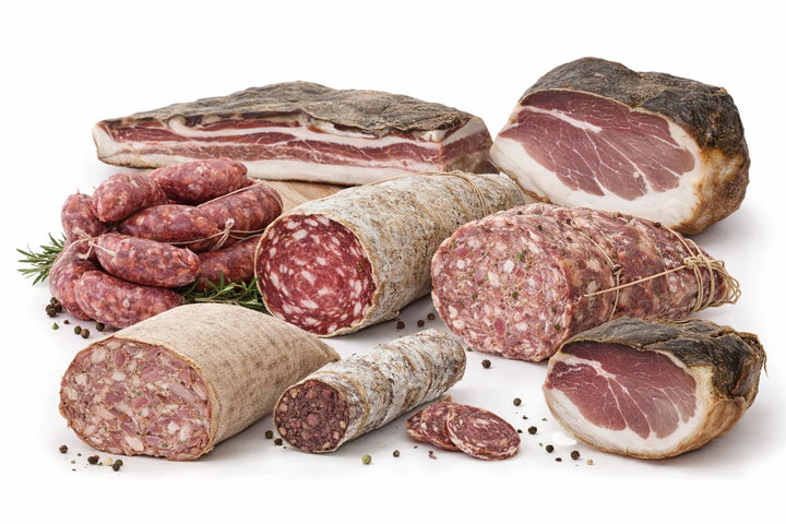 Confezione regalo salumi toscani artigianali — Salame, Rigatino, Soppressata, Sbriciolona, Salsiccia e Salamino al Tartufo — Salumeria Toscana
