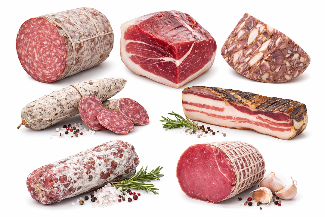 Selezione di salumi toscani artigianali assortiti disposti elegantemente su sfondo bianco