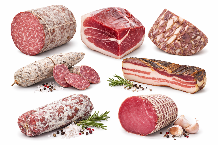 Selezione di salumi toscani artigianali assortiti disposti elegantemente su sfondo bianco