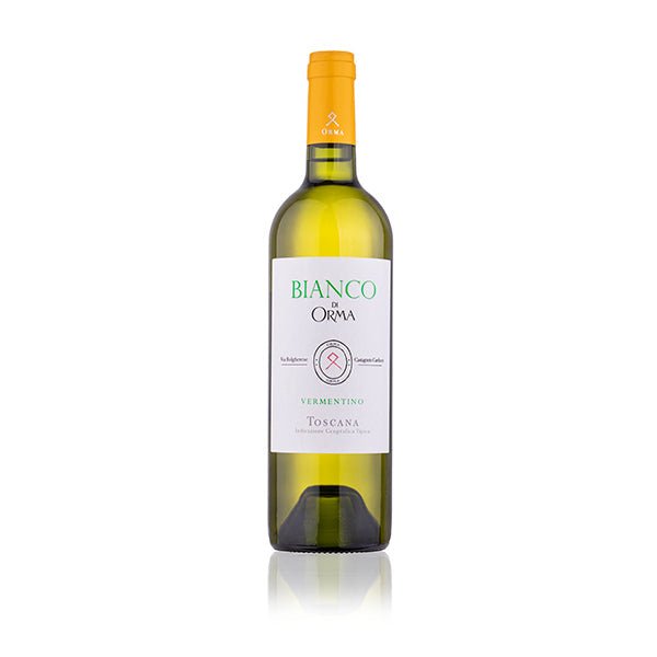 "Bianco d'Orma Bolgheri DOC - L'eleganza dei vigneti toscani in un sorso." "Denominazione Bolgheri - Garanzia di qualità e autenticità." "Blend Aromatico - Un'armonia di varietà di uve selezionate." "Freschezza e Complessità - L'essenza del Bianco d'Orma in ogni bicchiere."